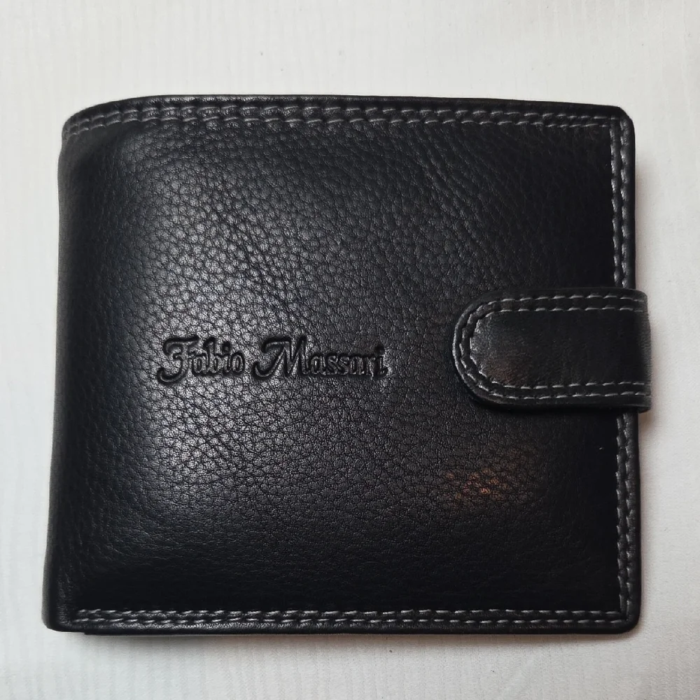 Fabio Massari Black Leather Men's Wallet with Snap Closure,(New Without Box).